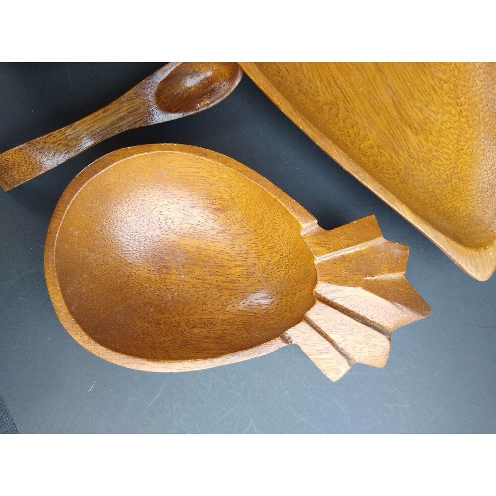 Vintage Wood Bowl Set Pod and Pineapple Shape w Spoon Phillipines MCM Alii Woods - Picture 5 of 12
